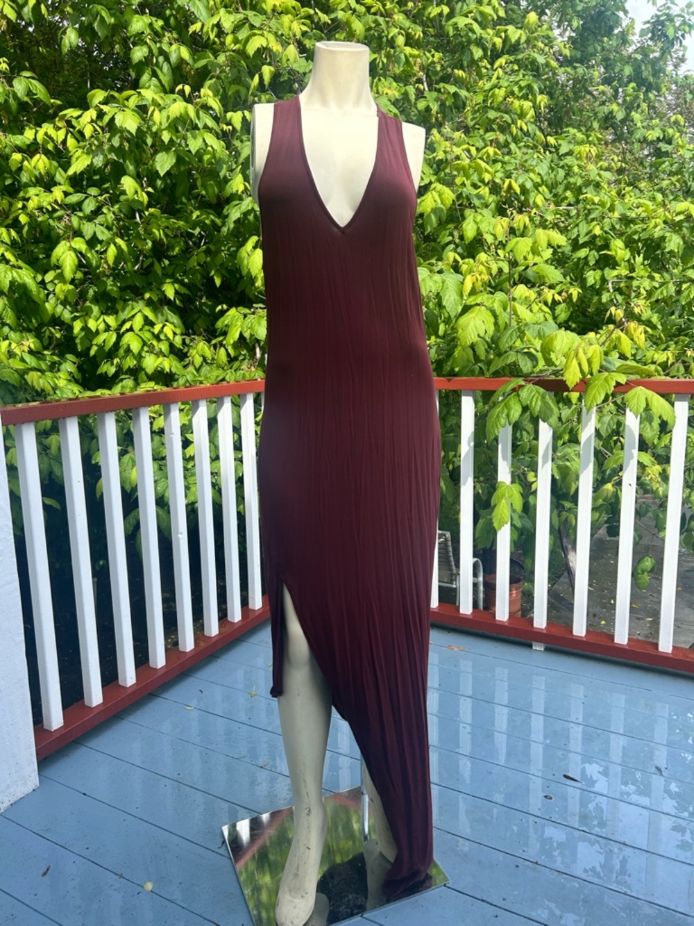 Sleeveless Dress with Deep V-Neck + High Side Slit in Maroon